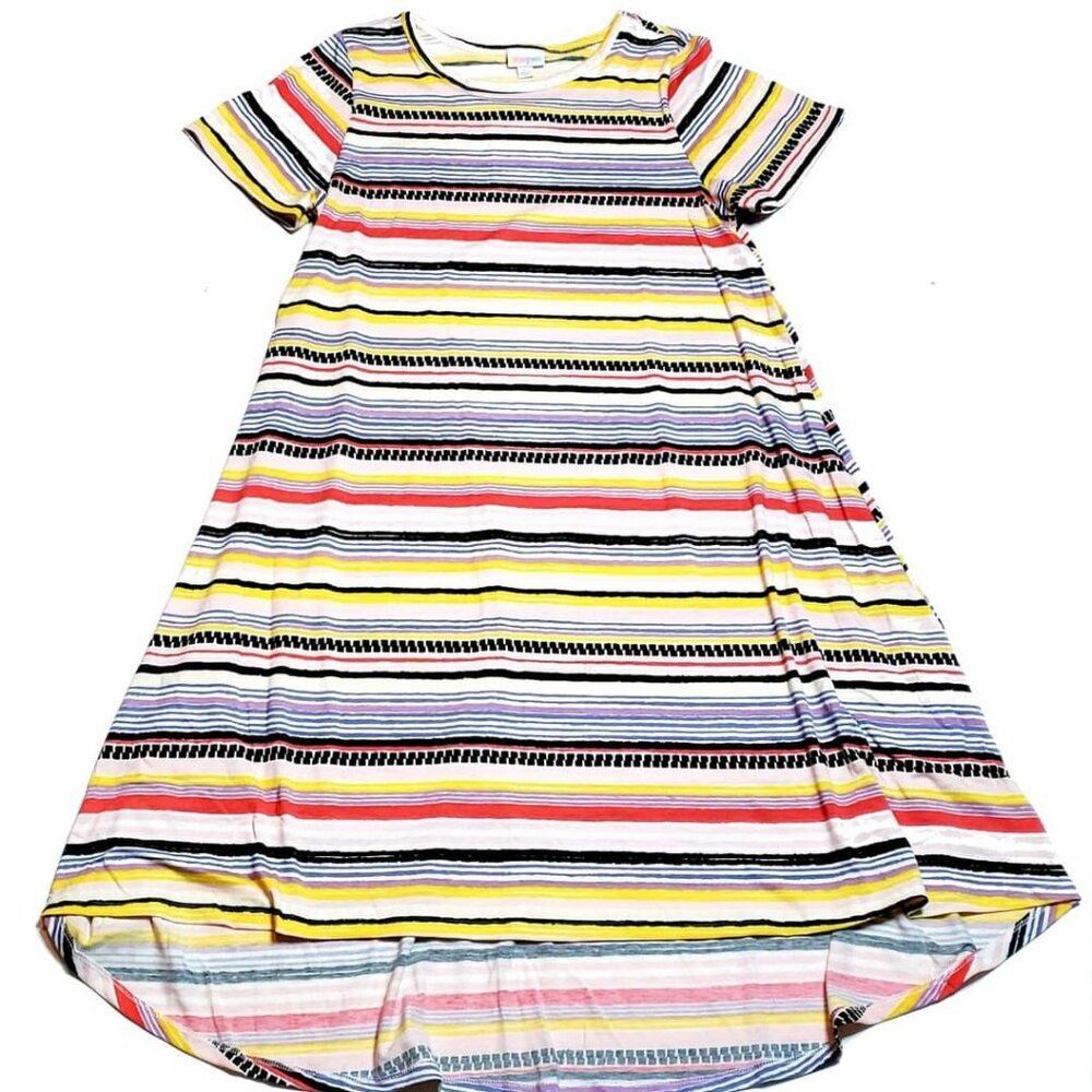 NEW‎ LuLaRoe LARGE Carly Red Yellow Multi Striped Swing Dress High Low Flowy